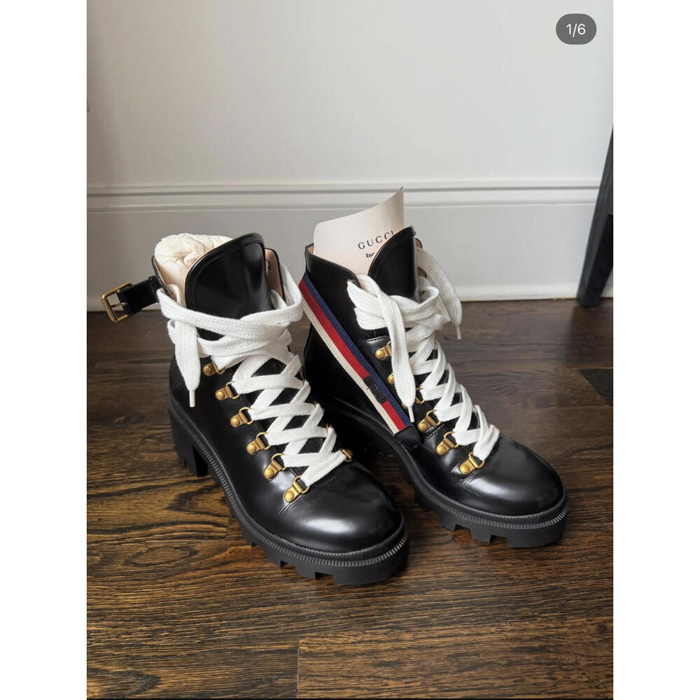 Gucci Women's Black Leather Hiking Boots with Red and Blue Stripe Detail